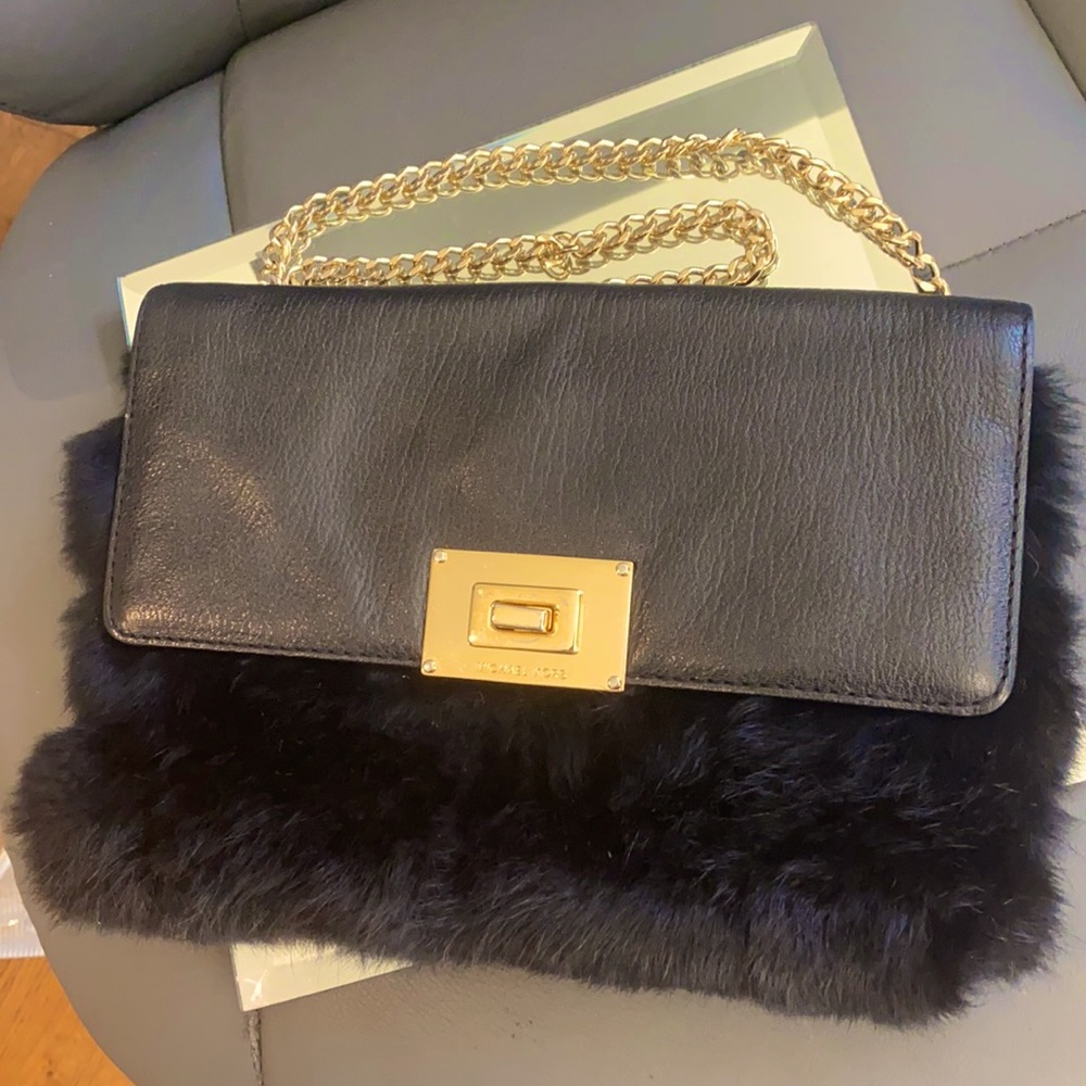 Michael Kors Fur & Leather Bag/Purse w Gold Chain